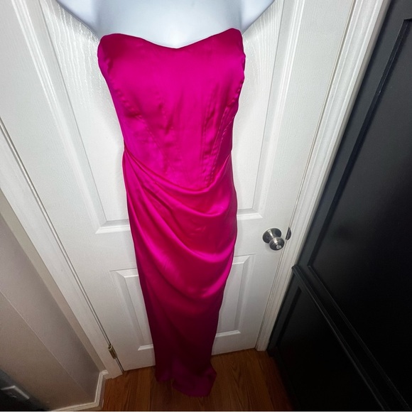 Express Women’s 2 Pink Satin Strapless Corset Gown Dress XS Formal Slit - Picture 5 of 16